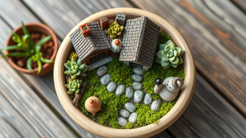 Miniature fairy garden in ceramic pot with succulents, tiny house, stone pathway, and moss ground cover, photographed from above in natural daylight