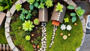 Overhead view of completed fairy garden with tiny plants, miniature cottage, small pathway made of pebbles, and moss-covered ground, natural daylight