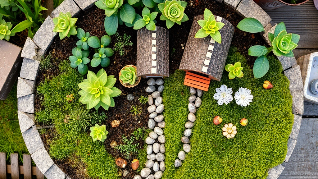 Overhead view of completed fairy garden with tiny plants, miniature cottage, small pathway made of pebbles, and moss-covered ground, natural daylight
