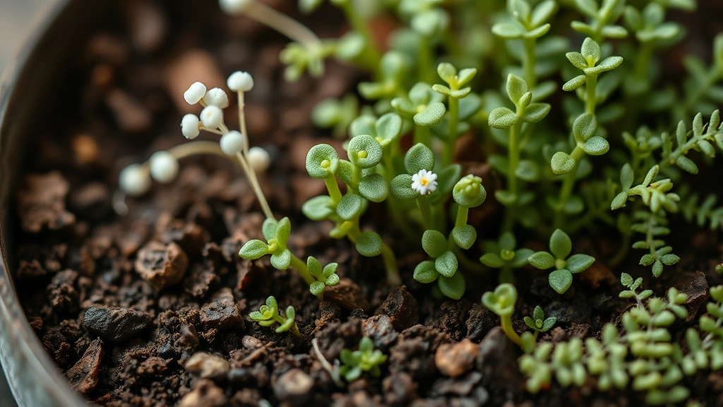 Close-up of delicate miniature plants including baby's tears, creeping thyme, and tiny ferns growing together in shallow container with rich soil