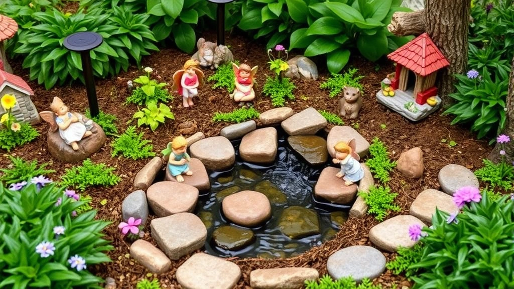 Fairy garden featuring small water feature, stepping stones, decorative figurines, solar lights, and lush groundcover plants creating magical woodland scene