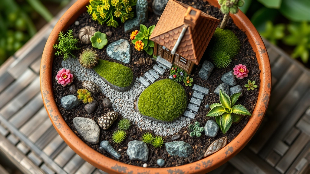 A detailed overhead view of a completed fairy garden in a ceramic pot, featuring miniature cottage, winding gravel pathways, moss ground cover, tiny flowering plants, and delicate accessories arranged on natural soil landscape
