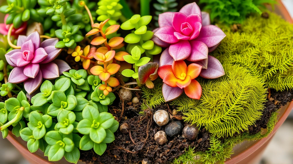 Close-up of fairy garden plants including creeping sedums, miniature ivy, ferns, and moss thriving together in shallow container with proper drainage setup and layered soil composition visible