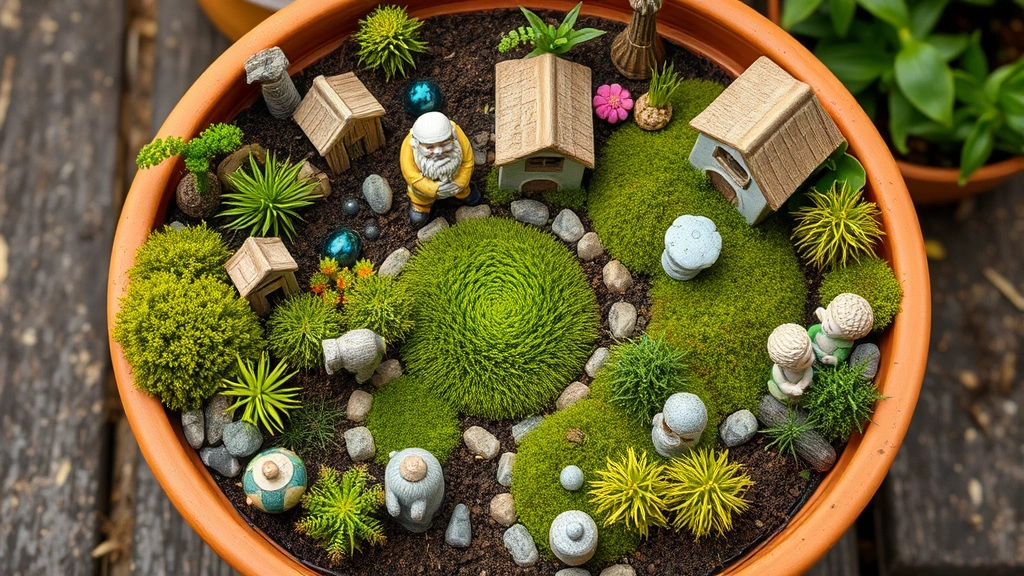 Overhead view of a complete fairy garden setup with miniature figurines, moss pathways, tiny plants, and decorative accessories arranged in a terracotta container, showing professional landscaping composition