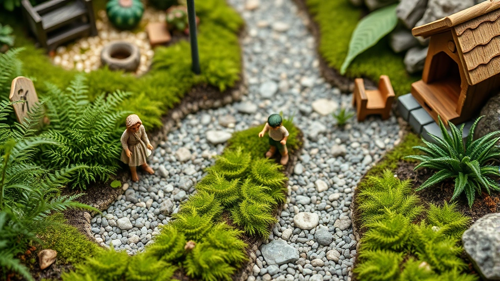 Detailed close-up of fairy garden pathways with pea gravel trail, delicate ferns, creeping thyme, miniature wooden furniture, and small figurines exploring landscape