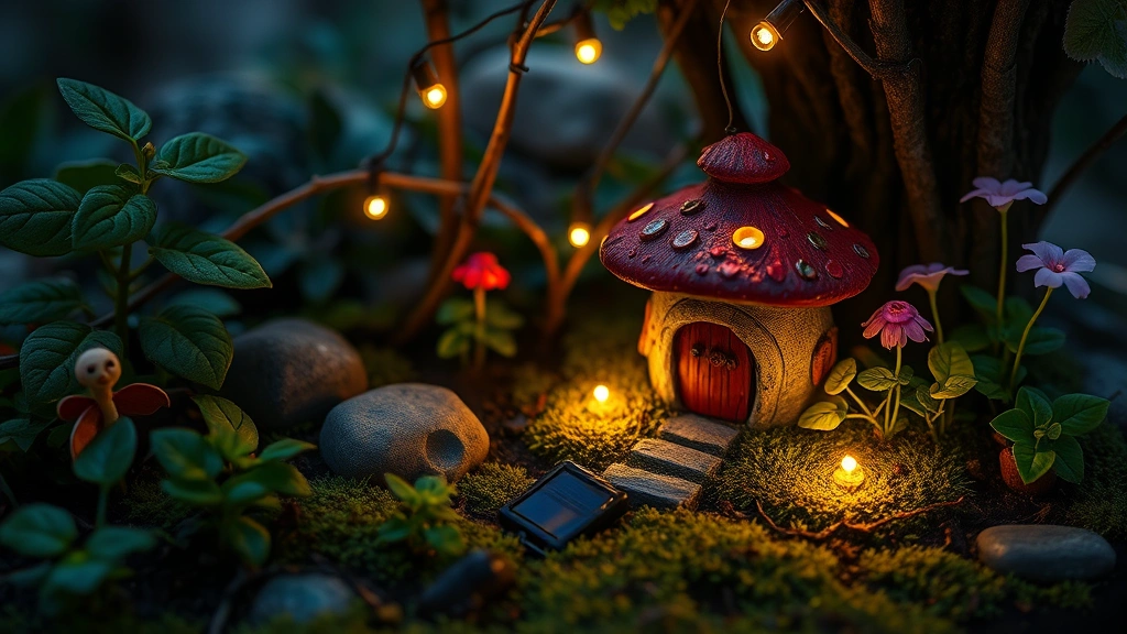 Magical evening fairy garden scene with tiny solar lights illuminating miniature mushroom house, shade-loving plants including hostas and begonias, moss-covered stones, and enchanted woodland setting