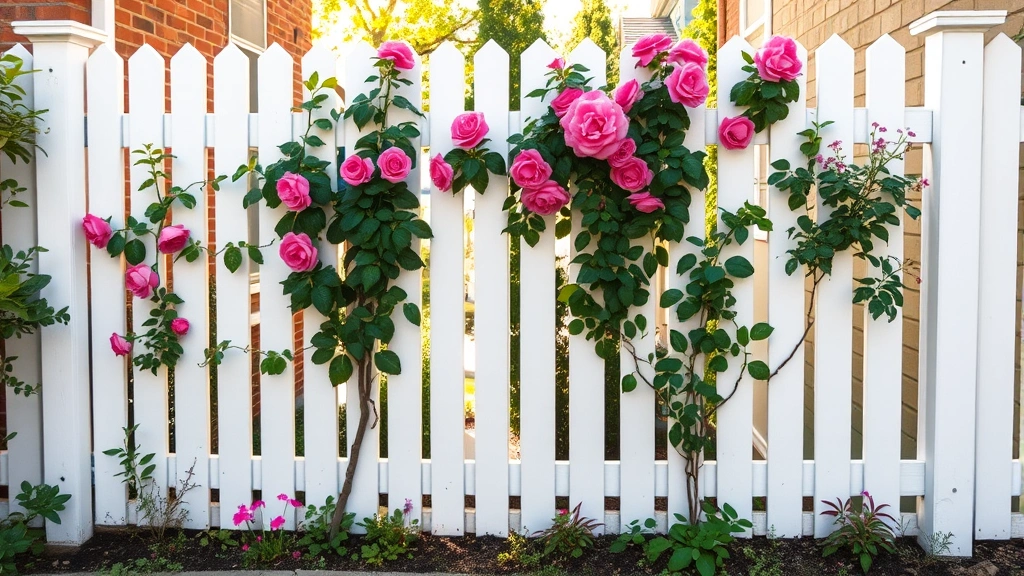 A well-maintained small urban garden with a 4-foot white picket fence featuring climbing roses and clematis vines, morning sunlight illuminating the fence and garden beds below