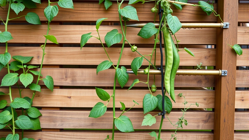 Close-up of horizontal slat fencing with gaps allowing light penetration, with climbing peas and beans trained on trellis system attached to fence, showing productive vertical growing