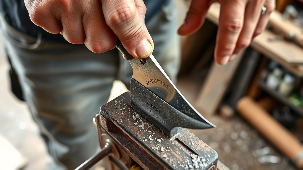 Professional gardener filing a hoe blade in a vice with a medium-grit file, close-up of hands and blade angle, natural workshop lighting, metal shavings visible