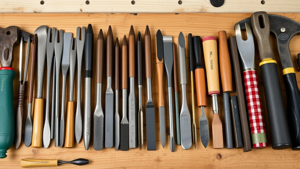 Organized collection of different file types and sizes displayed on a wooden workbench next to garden tools, including flat files, round files, and whetstones