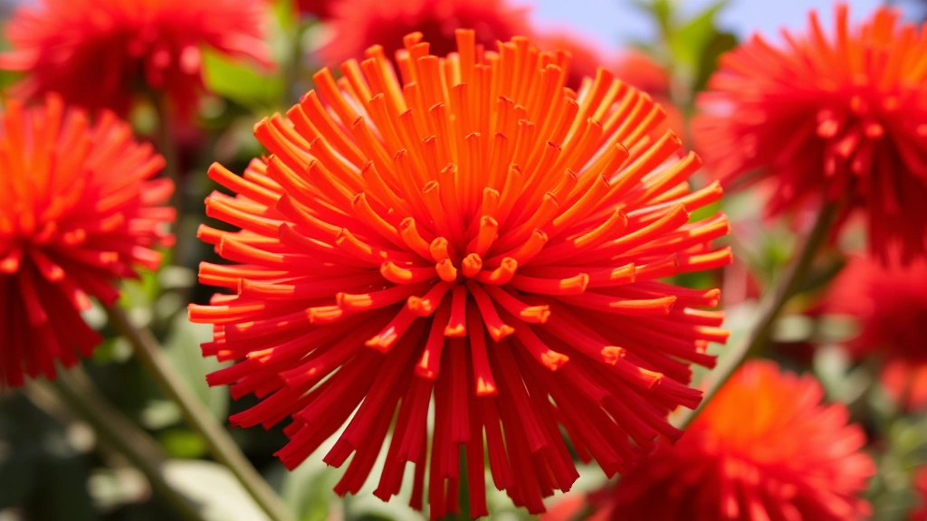 Vibrant red and orange firework flower blooms with tubular petals radiating outward in dense clusters, photographed in bright sunlight showing texture and color saturation