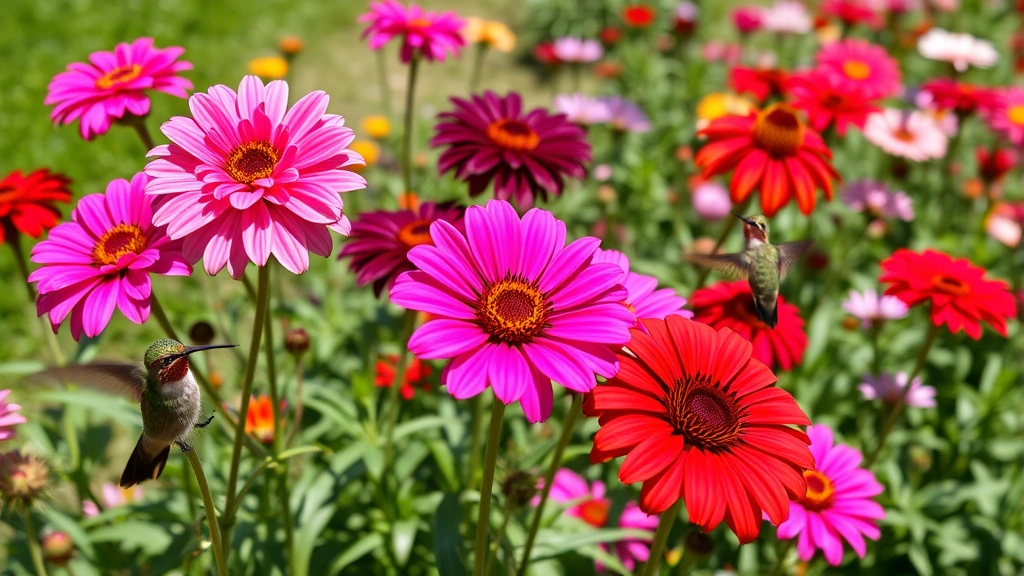 Mature firework flowers in full bloom throughout a sunny garden border, showing multiple color varieties including pink, purple, and red flowers with hummingbird visiting blooms