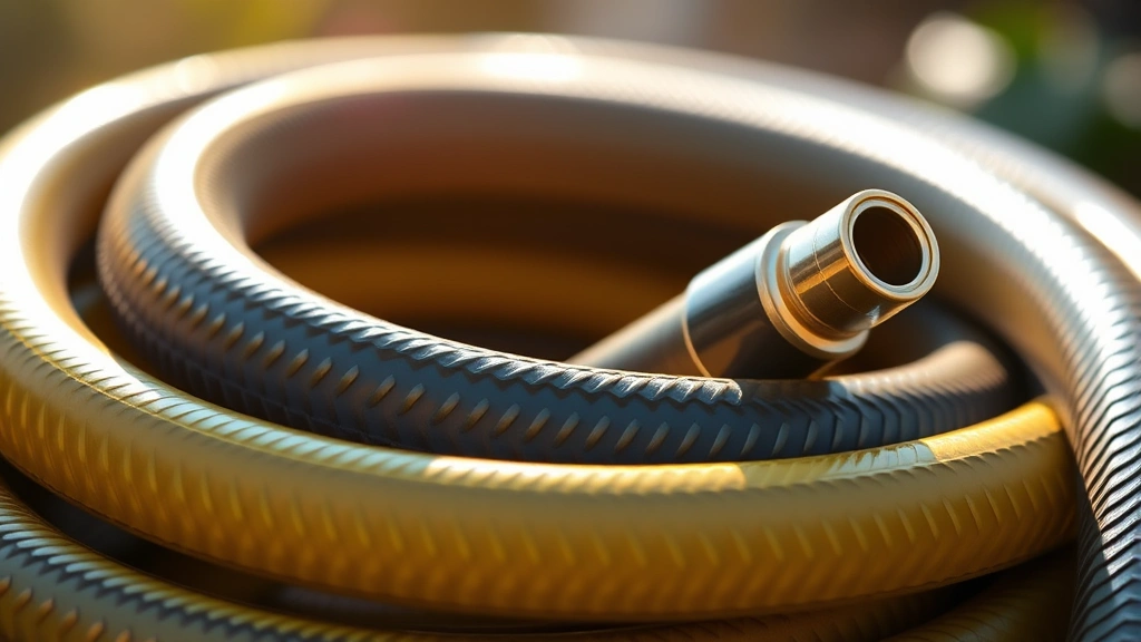 Close-up of premium flexible garden hose coiled neatly, showing vibrant color and smooth polymer texture, morning sunlight highlighting the material quality and construction details