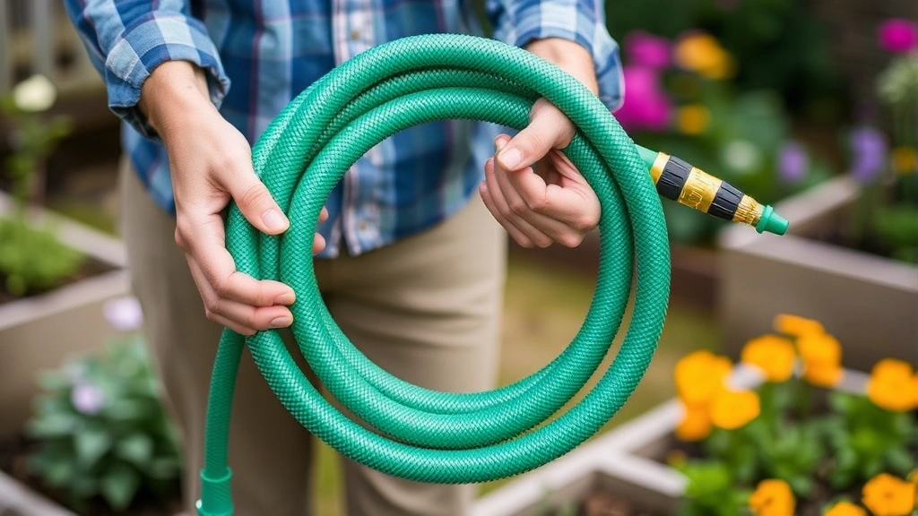 Gardener's hands holding a coiled Flexzilla hose demonstrating flexibility and ease of handling, with raised garden beds and flowering plants visible in soft background