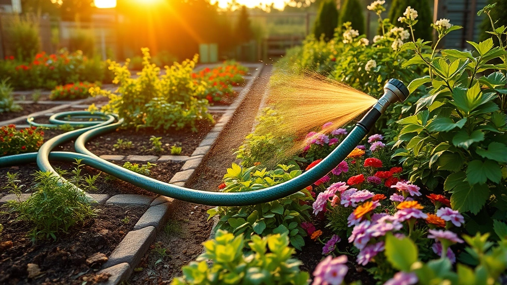 Wide garden scene showing flexible hose draped across vegetable beds and flower borders without kinking, water spray nozzle attached, thriving plants receiving water during golden hour