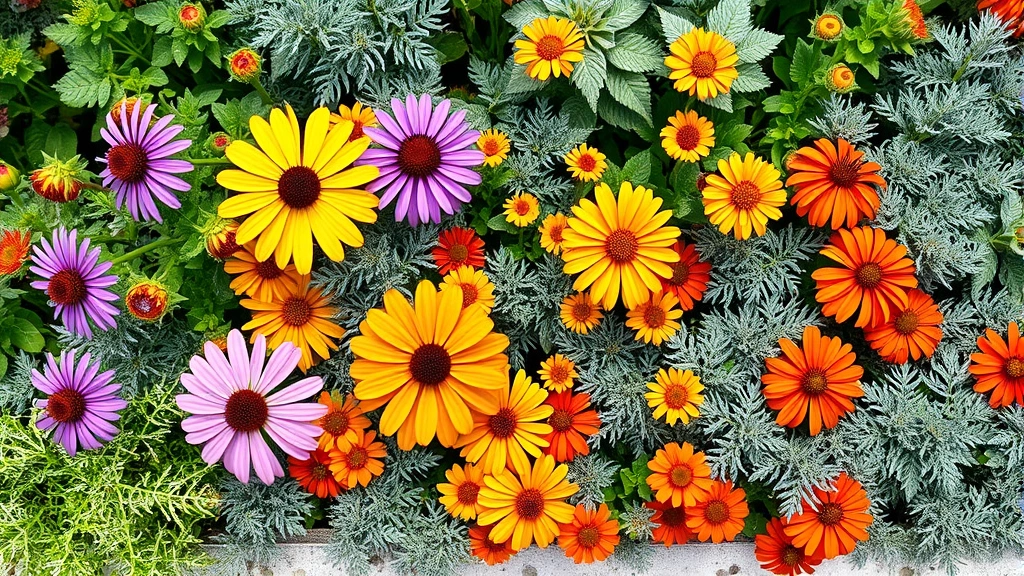 Overhead view of a colorful mixed flower border with purple coneflowers, yellow rudbeckia, orange zinnias, and silvery dusty miller foliage in a sunny garden bed