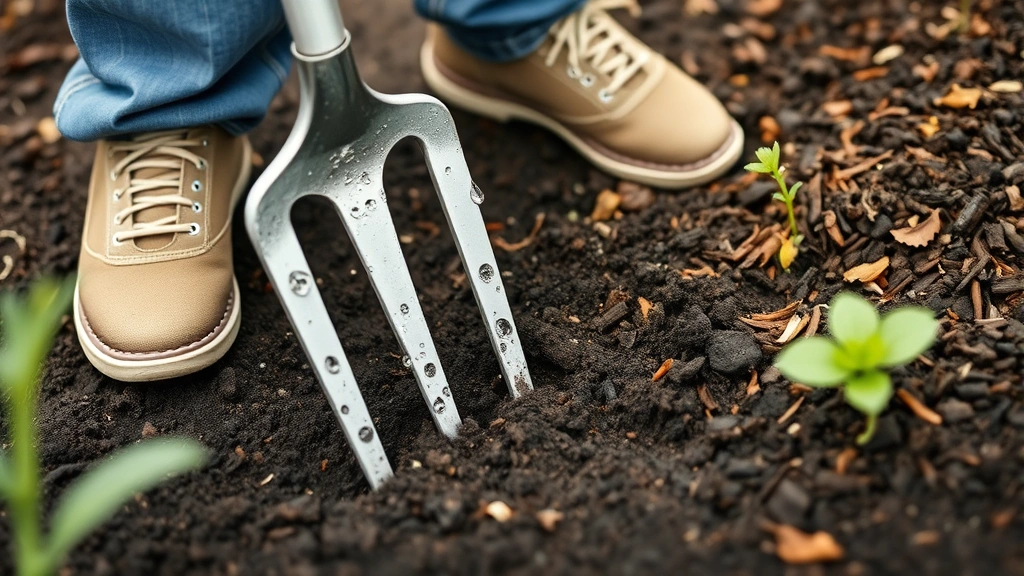 Gardener using a four-tined garden fork to aerate dark, rich soil in a vegetable bed during spring morning, with water droplets visible on the fork tines and composted mulch nearby.