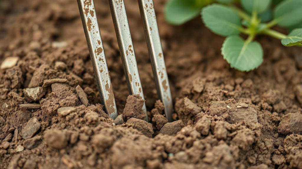Close-up of a garden fork's tines penetrating deep into compacted clay soil, showing the leverage and depth of proper forking technique with visible soil breaking apart.