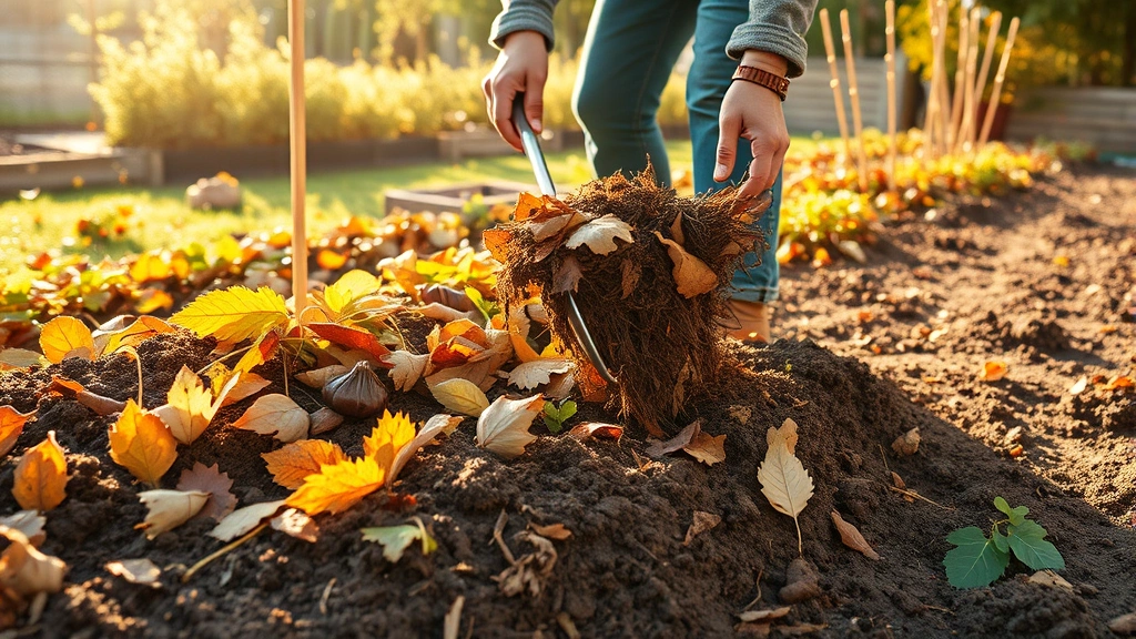 Autumn garden scene with gardener forking fall leaves and compost into a prepared bed, showing the integration of organic matter with loosened soil, golden afternoon light.