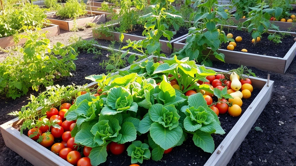 Lush vegetable garden with raised beds overflowing with tomatoes, lettuce, and squash plants, morning sunlight, rich dark soil visible, natural garden setting without any signage or text