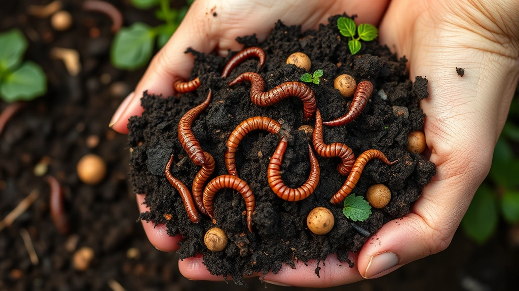 Close-up of dark composted soil with earthworms and organic matter, hands holding nutrient-rich humus, garden background slightly blurred, photorealistic texture detail