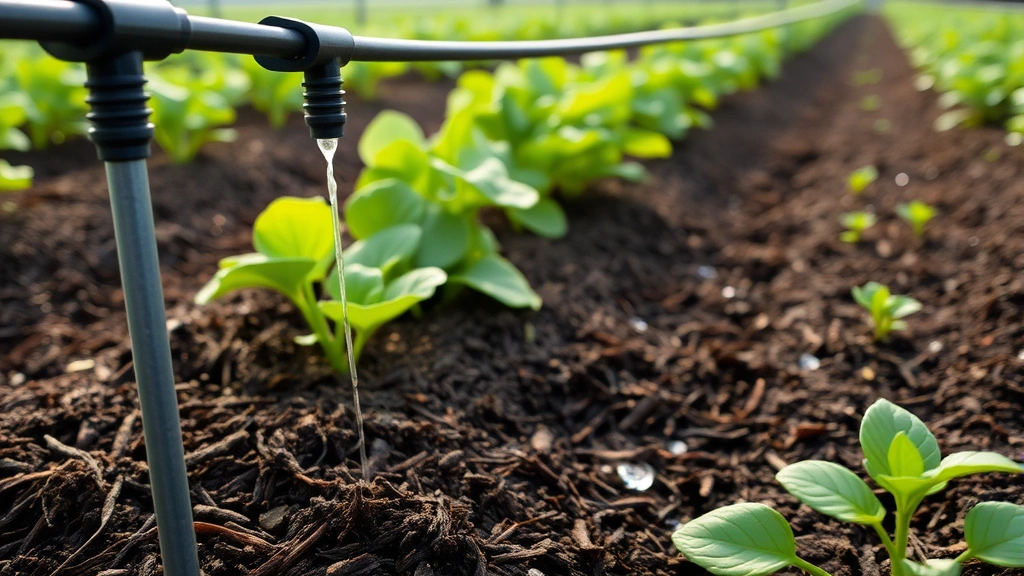 Drip irrigation system delivering water to vegetable plants with mulched garden beds, morning dew visible, rows of healthy green plants in background, clear water droplets on soil