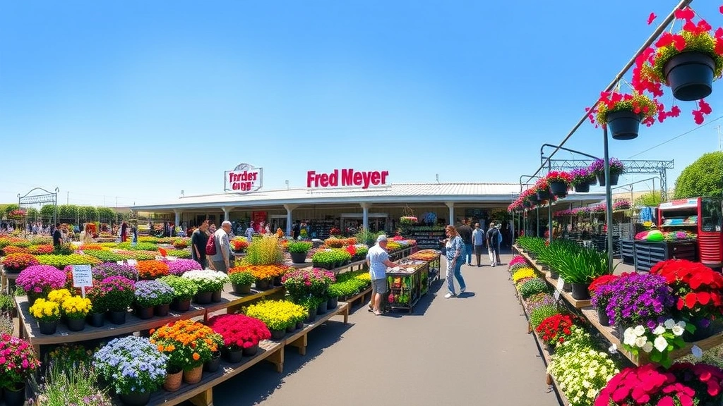 Wide-angle view of a Fred Meyer Garden Center with colorful annual flowers, hanging baskets, and plant displays arranged on tiered benches under clear sunlight, customers browsing vibrant spring plants