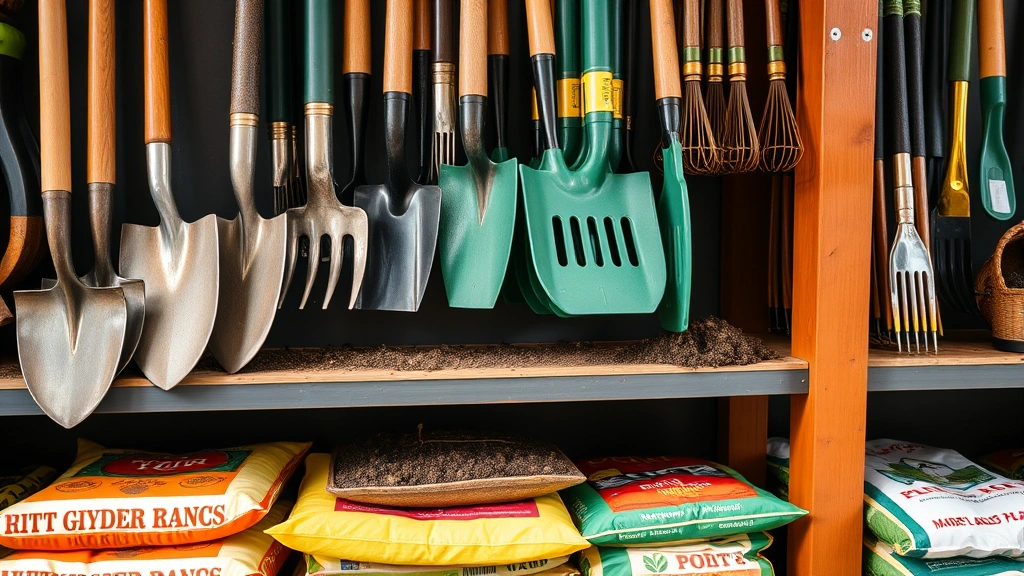 Close-up of gardening tools including shovels, rakes, and hand tools neatly organized on display shelves with soil bags and fertilizer packages stacked below, natural daylight