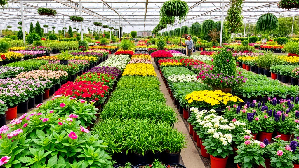 Abundant selection of potted perennials, shrubs, and ornamental plants arranged in rows with green foliage and colorful blooms visible, garden center interior with overhead greenhouse-style lighting