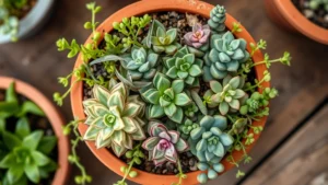 Overhead view of a thriving friendship pot container with diverse succulents and trailing plants in terra cotta, displaying healthy variegated foliage and full growth
