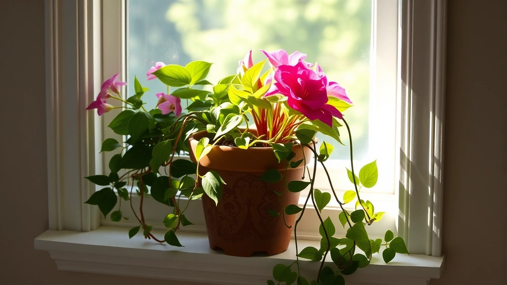 Sunlit window sill featuring a friendship pot with flowering begonias and trailing pothos creating layered visual interest, with soft natural light illuminating healthy foliage