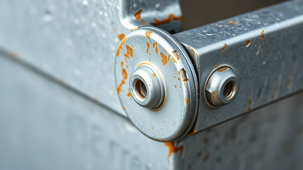 Close-up detail of galvanised steel corner joint connection showing the silvery-gray protective coating with weathered patina, demonstrating the material's durability and industrial aesthetic quality