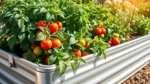 Mature galvanized steel raised garden bed filled with lush vegetables including tomatoes, peppers, and herbs photographed in bright sunlight with rich soil visible, showing the smooth metallic surface and structural integrity of the bed with green foliage overflowing naturally