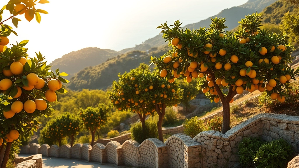 Terraced Mediterranean lemon grove on steep lakeside hillside with mature citrus trees bearing fruit, traditional stone walls, blue lake water visible in background, golden afternoon sunlight illuminating foliage