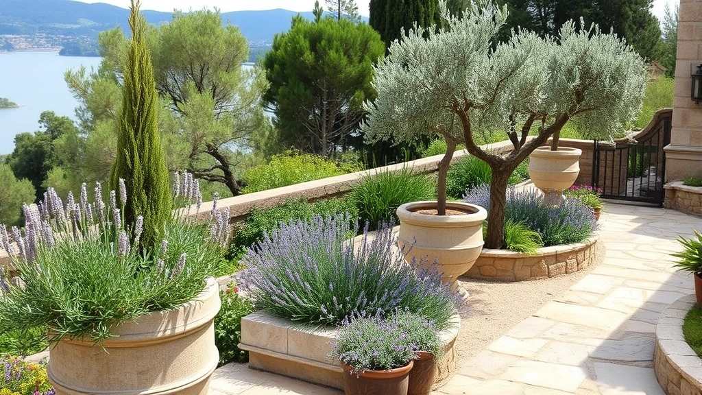 Mediterranean garden terrace with rosemary, lavender, and olive trees in large stone planters, natural stone pathways, lake view visible beyond garden, mature plants in full summer growth