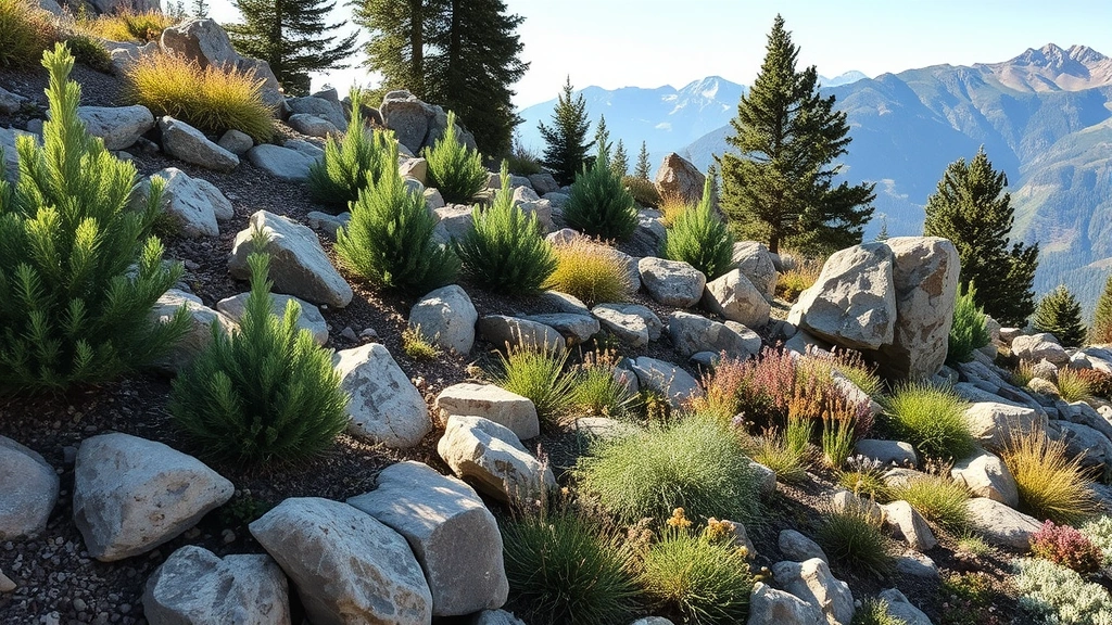 Alpine rock garden with dwarf conifers, hardy perennials, and weathered stone elements on terraced slope, cool morning light, mountains visible in background, established plantings showing seasonal transition
