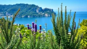 Lush Mediterranean herb garden with rosemary, oregano, and thyme plants growing on a sunny terrace overlooking Lake Garda with limestone cliffs in the background