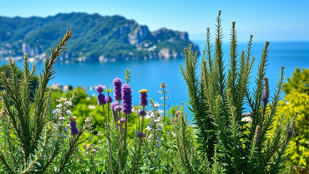 Lush Mediterranean herb garden with rosemary, oregano, and thyme plants growing on a sunny terrace overlooking Lake Garda with limestone cliffs in the background