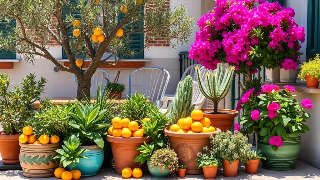 Vibrant potted citrus and tender plants arranged on a sunny patio with olive trees and flowering bougainvillea, demonstrating container gardening near the Italian lakes