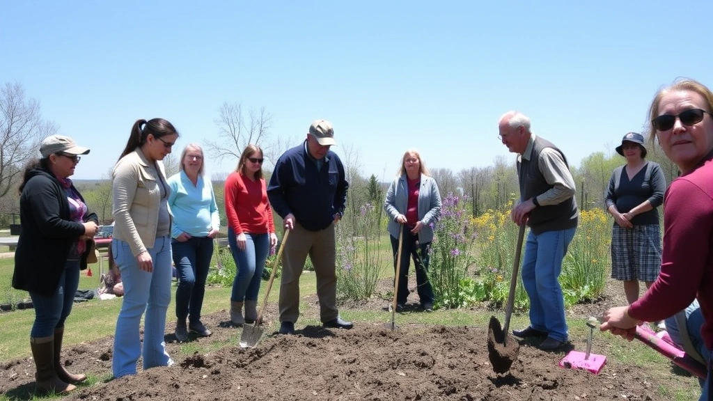 Diverse group of gardeners attending outdoor workshop at Garde Arts Center, instructor demonstrating proper digging technique with hand tools, spring flowers blooming in background, natural daylight
