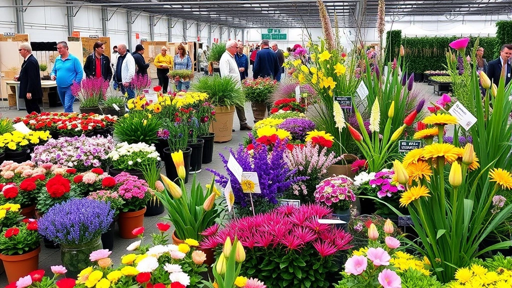 Vibrant spring plant exhibition with colorful flower displays, native plants and rain garden specimens, attendees browsing vendor booths, botanical arrangements showcasing seasonal blooms