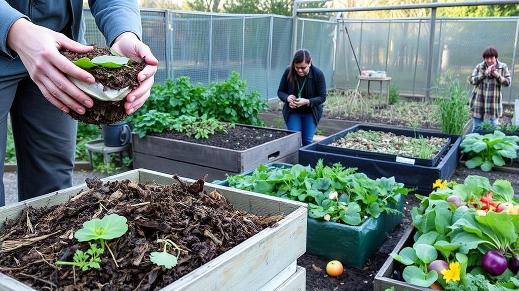 Hands-on composting demonstration showing layered organic materials, participants learning sustainable gardening methods, demonstration garden beds with thriving vegetables, autumn harvest display