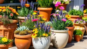 Colorful perennial flowers blooming in various terra cotta and ceramic pots arranged on a sunny patio, showing sedums, lavender, and coreopsis in containers of different sizes