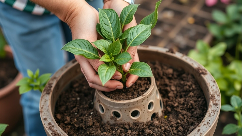 Close-up of hands potting a perennial plant into a large drainage-equipped container filled with fresh potting soil, demonstrating proper planting technique