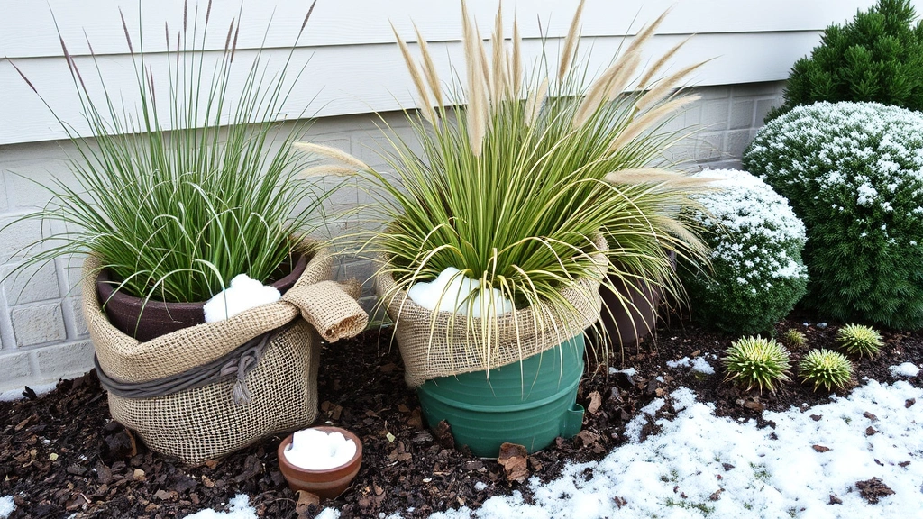 Winter containerized perennials wrapped in protective burlap and mulch against a house foundation, showing dormant ornamental grasses and evergreen sedums in frozen garden setting