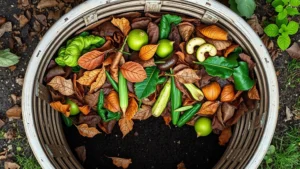 Overhead view of a well-maintained compost bin showing layers of brown leaves and green kitchen scraps in perfect balance, rich dark soil visible at bottom, photorealistic garden setting