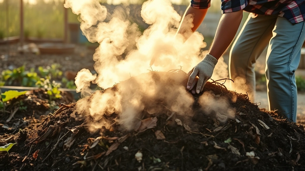 Gardener turning an active compost pile with steam rising from the pile in cool morning light, showing proper technique and heat generation during decomposition process