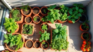 Overhead view of a modern apartment balcony garden with multiple clay and plastic containers holding herbs, leafy greens, and tomato plants arranged in organized rows, morning sunlight creating shadows