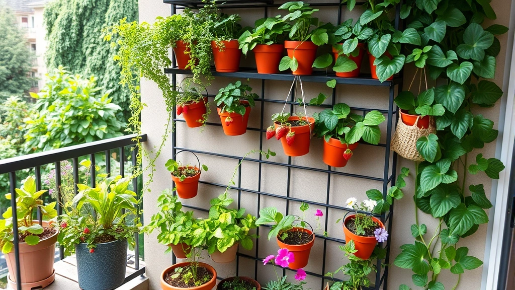 Vertical living wall system on apartment patio with tiered shelving displaying hanging baskets of trailing herbs, potted strawberries, and small flowering plants creating lush green backdrop