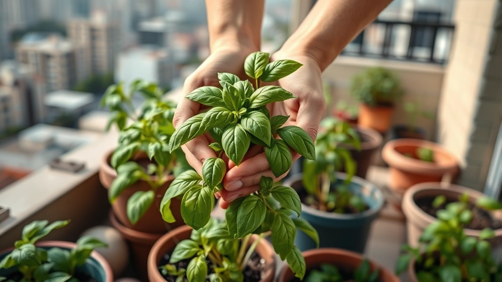 Close-up of hands harvesting fresh basil leaves from containers on apartment terrace with blurred cityscape background, demonstrating productive urban gardening success